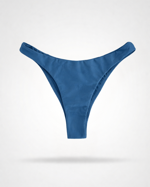 Blue bikini bottoms with Brazilian coverage on a white background