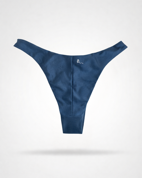 Blue bikini bottoms with Brazilian coverage on a white background