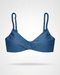 Blue bikini top with rushed straps on a white background