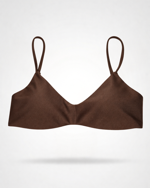 Brown bikini top on a light gray background