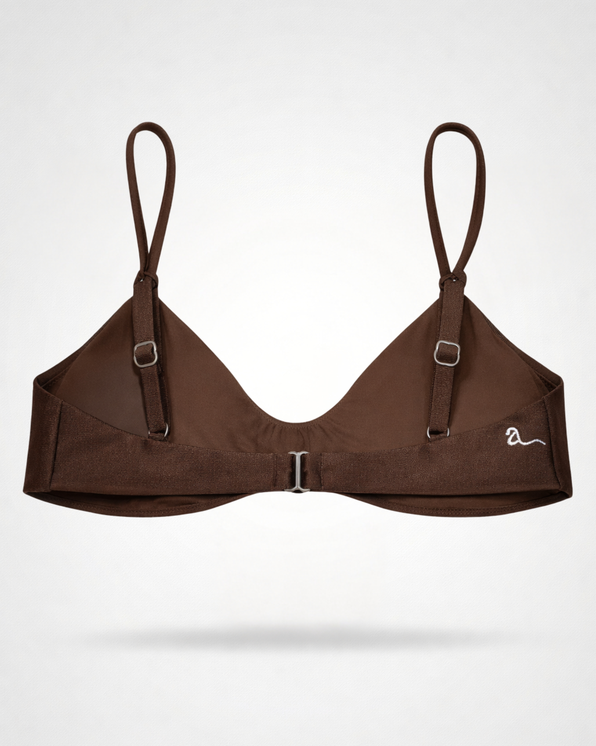 Brown bikini top with adjustable straps on a white background