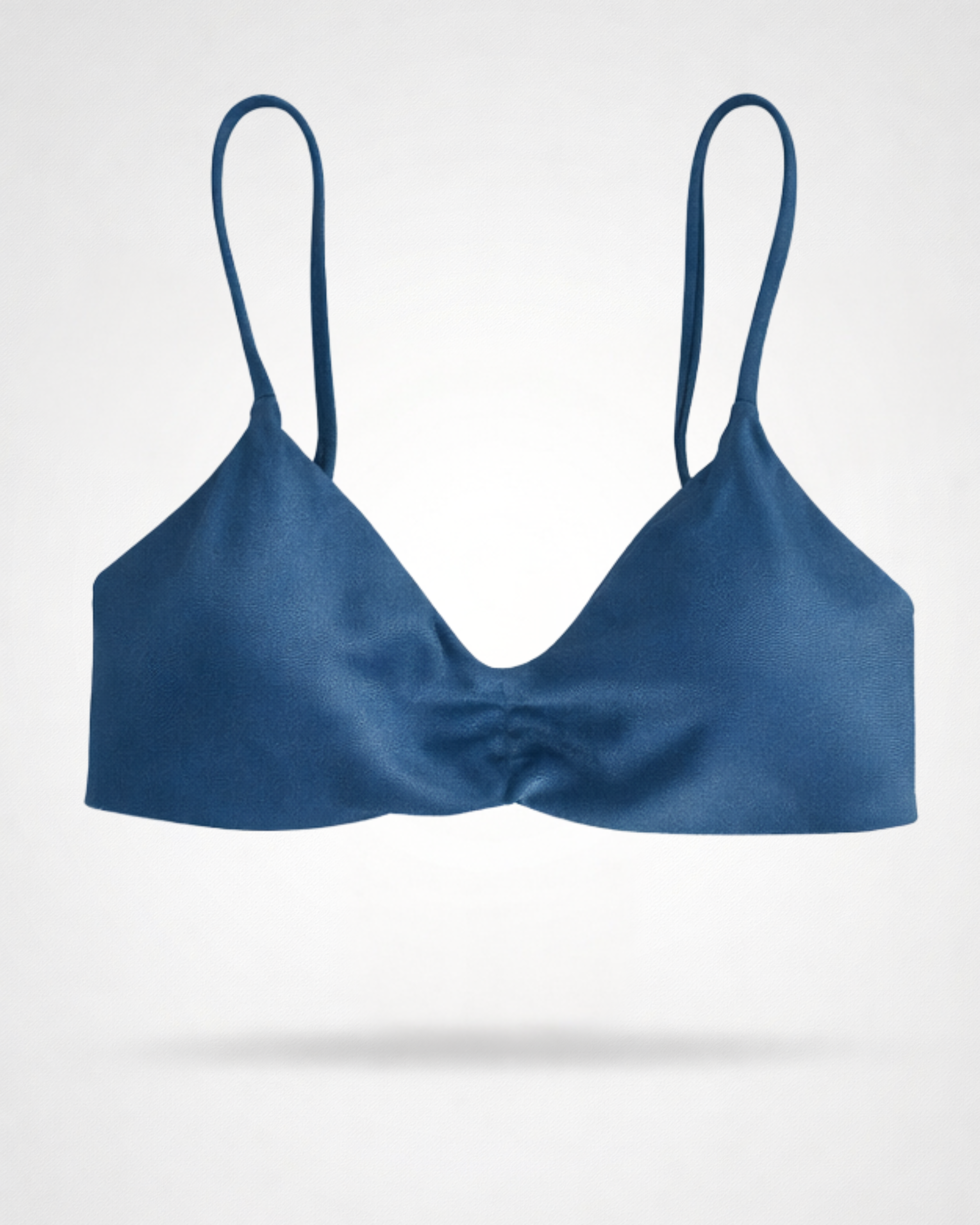 Blue satin bralette bikini top on a white background