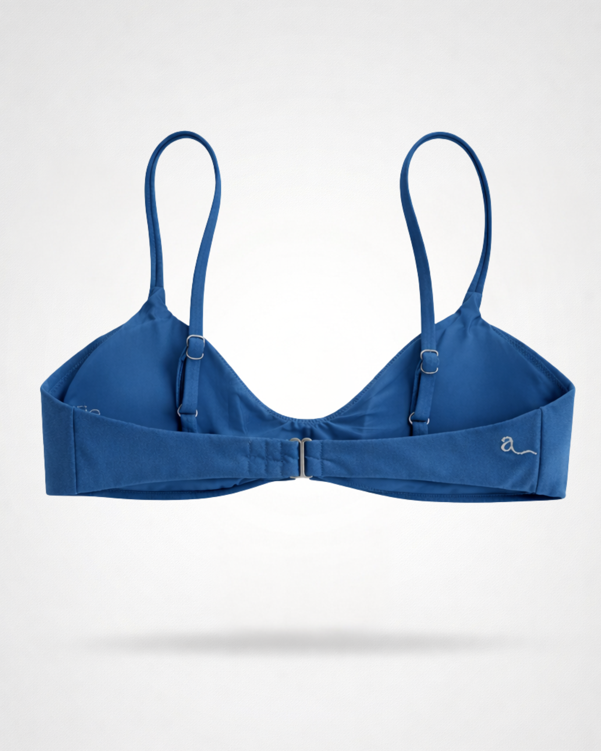 Blue satin bralette bikini top on a white background