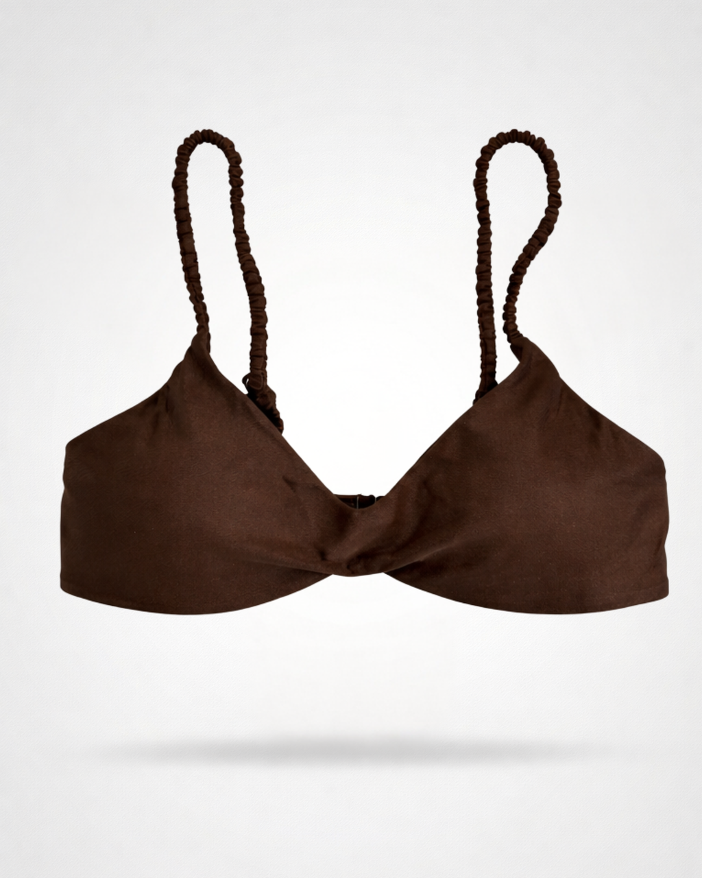 Brown bikini top with rushed straps on a white background