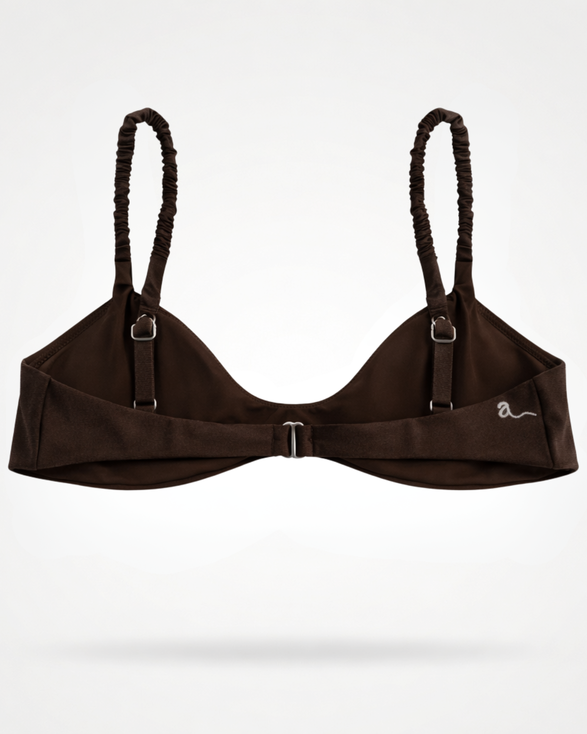 Brown bikini top with rushed straps on a white background